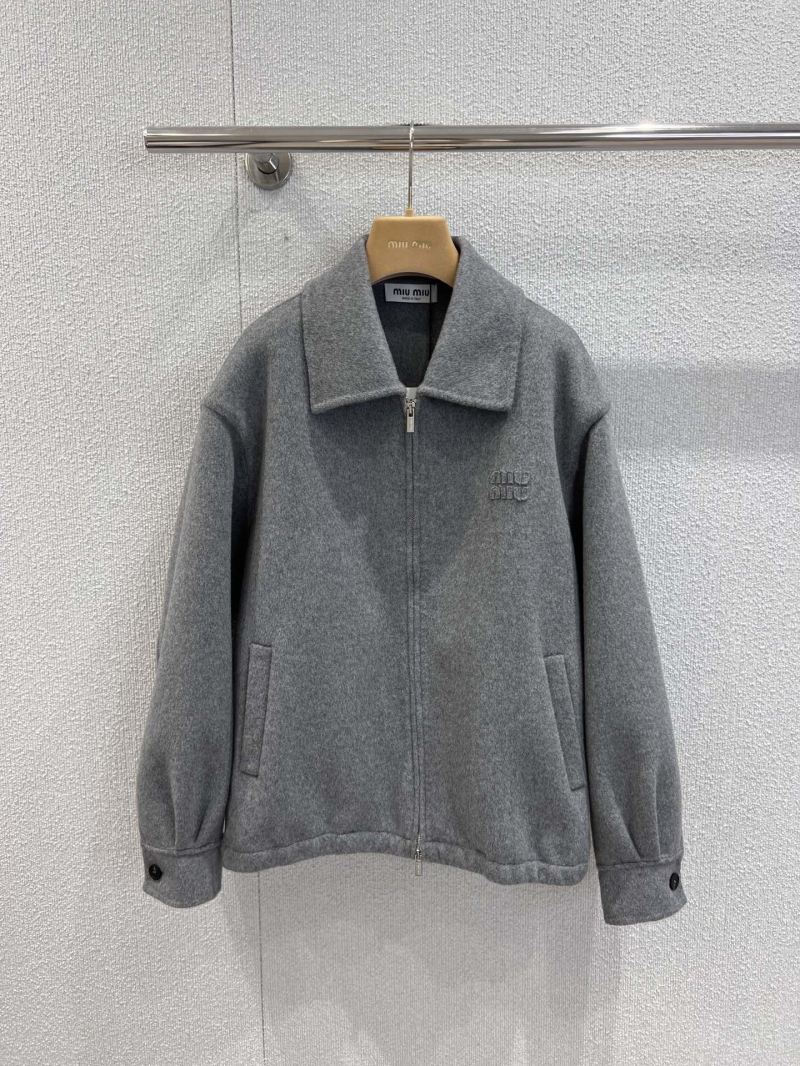 Miu Miu Double-Layer Wool Zip-Up Jacket | Grey | Oversized Fit | French Vintage Style