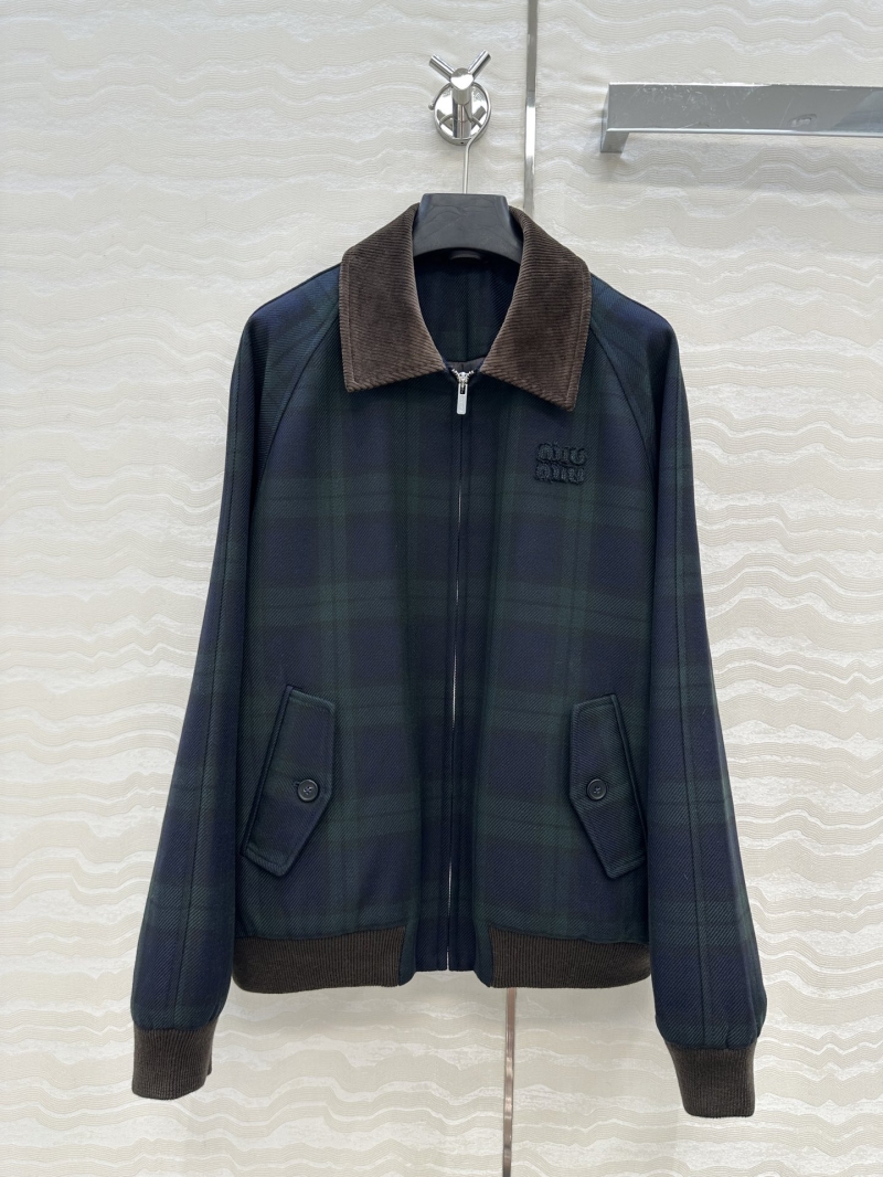 Miu Miu Cotton-Padded Academic Jacket with Corduroy Collar and Plaid Wool Blend, British Vintage Style Oversized Coat
