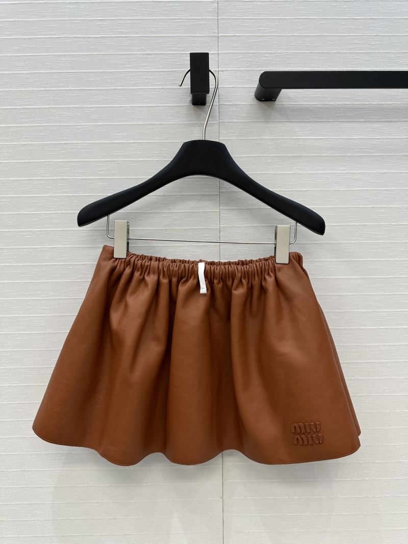 Miu Miu Puff Mini Skirt in Caramel - 100% Imported Lambskin Leather, 3D Tailoring, Elastic Waist