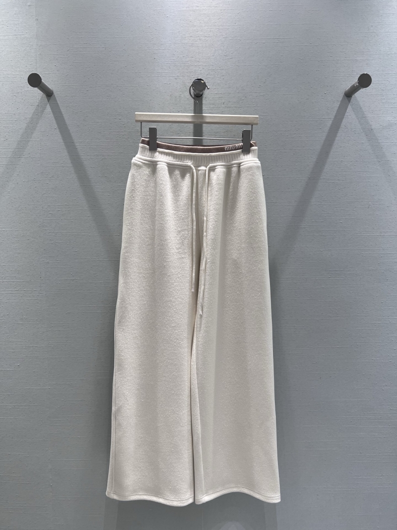 Miu Miu Off-White Wide-Leg Knit Pants - Luxurious Soft Jersey, Elastic Waist with Drawstring, Minimalist Chic Design