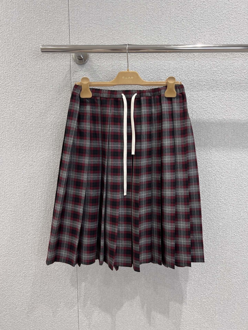 Miu Miu Pleated Wool Plaid Skirt | Limited Edition Autumn Winter Collection | Burgundy, Gray & Black Tartan with Drawstring Waist