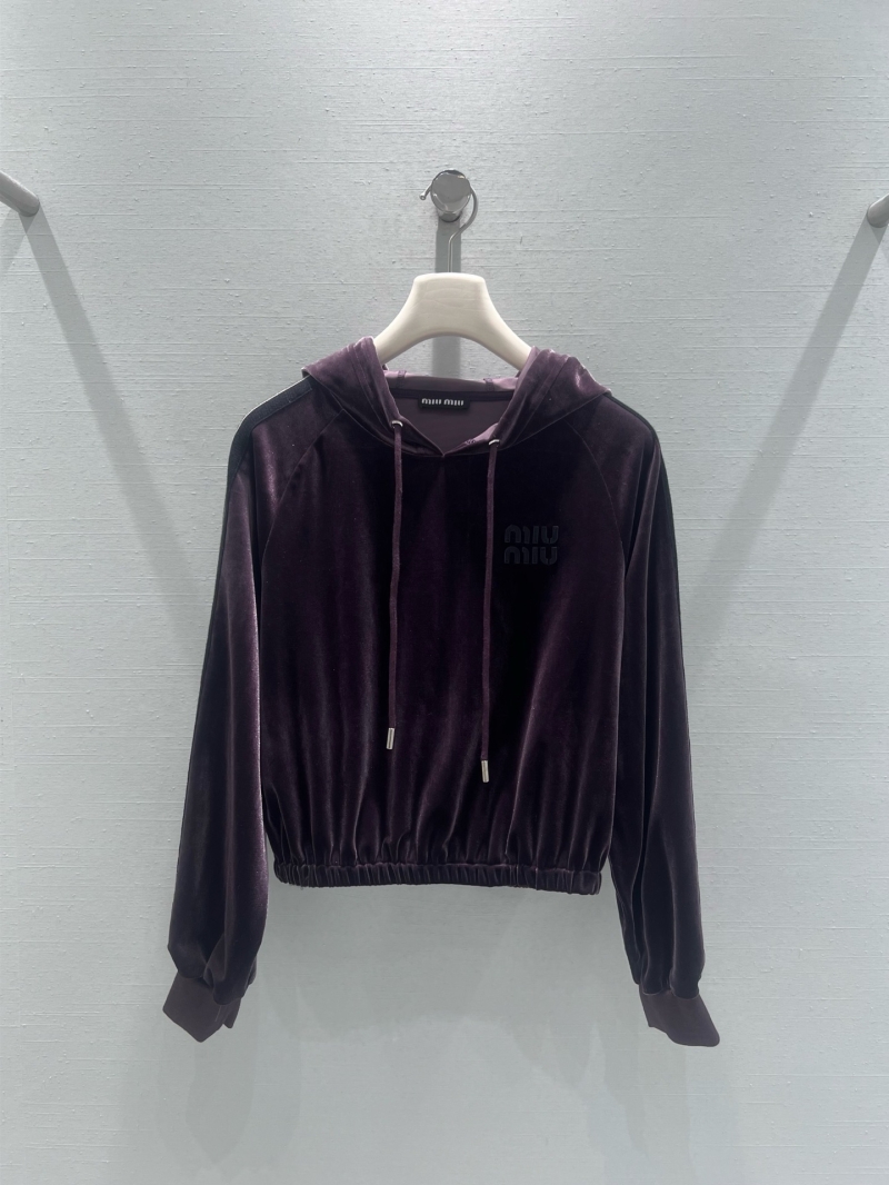 Miu Miu Cropped Hoodie and Wide-Leg Pants Set - Plush Velvet, Hooded, Drawstring Waist, Signature Logo