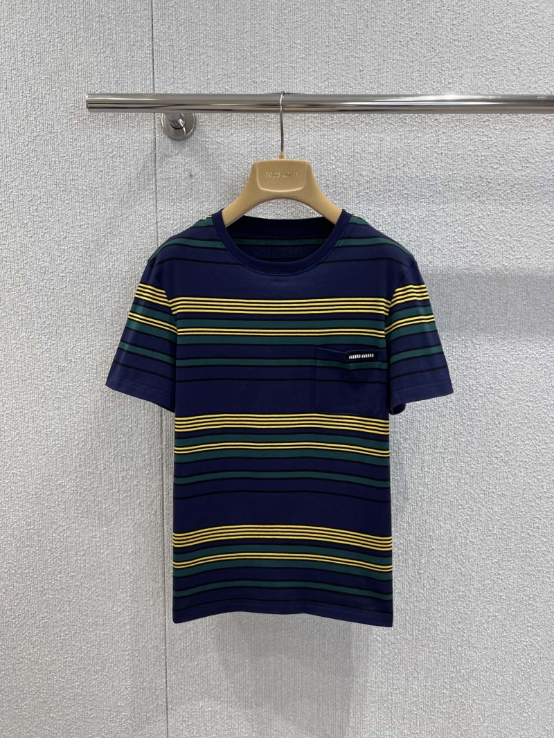 Miu Miu 26SS Early Spring Collection Striped Crew Neck Short Sleeve T-Shirt in Navy Blue, Dark Green, and Bright Yellow