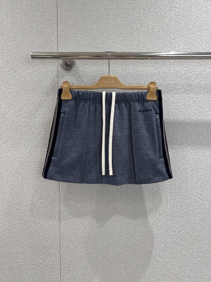 Miu Miu Heathered Navy Blue Athletic Mini Skirt - Elastic Waist with Contrast Drawstrings and Side Stripes