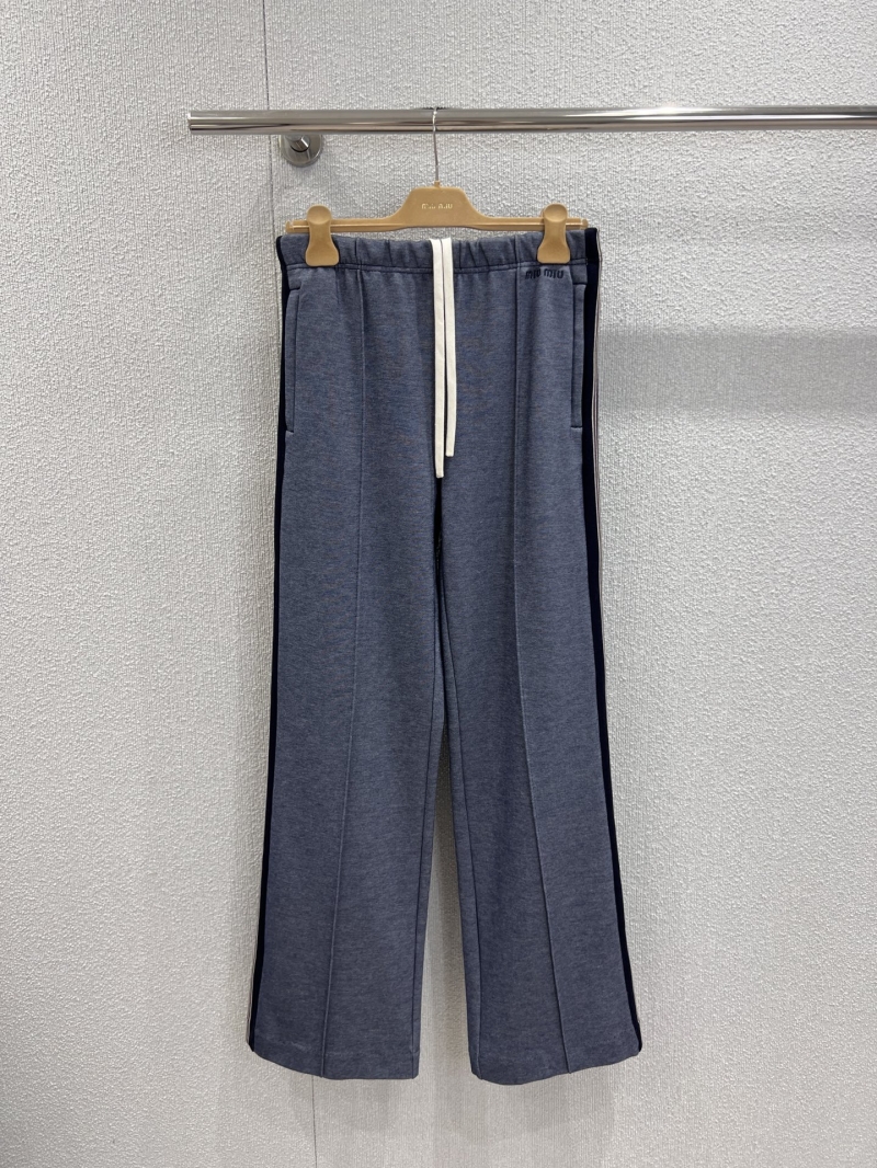 Miu Miu 25FW Wide-Leg Sweatpants with Contrast Side Stripe, Heathered Navy, Relaxed Fit, Embroidered Logo