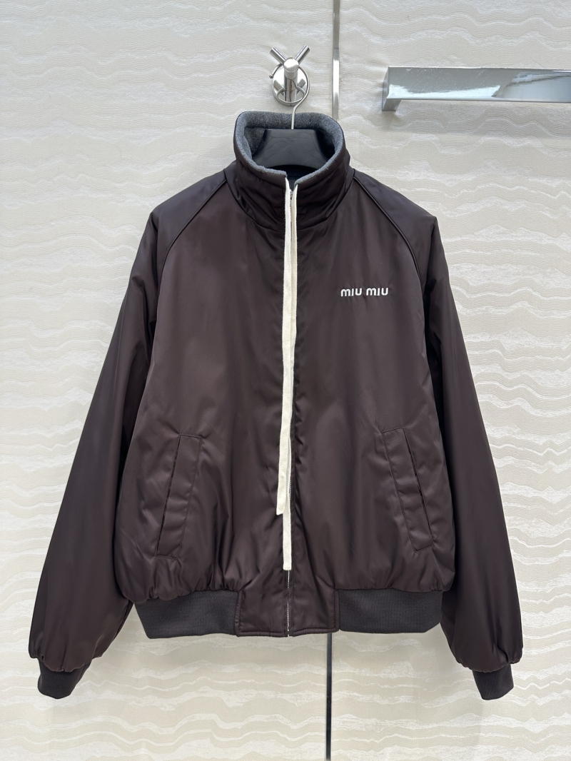 Miu Miu Reversible Bomber Jacket in Brown and Grey, Crafted from Recycled Nylon and Plush Space Fleece