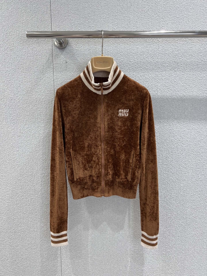 Miu Miu Cropped Velour Zip-Up Knit Cardigan - 25FW Early Autumn Limited Edition - Caramel Brown with Contrast Ribbing & Embroidered Logo