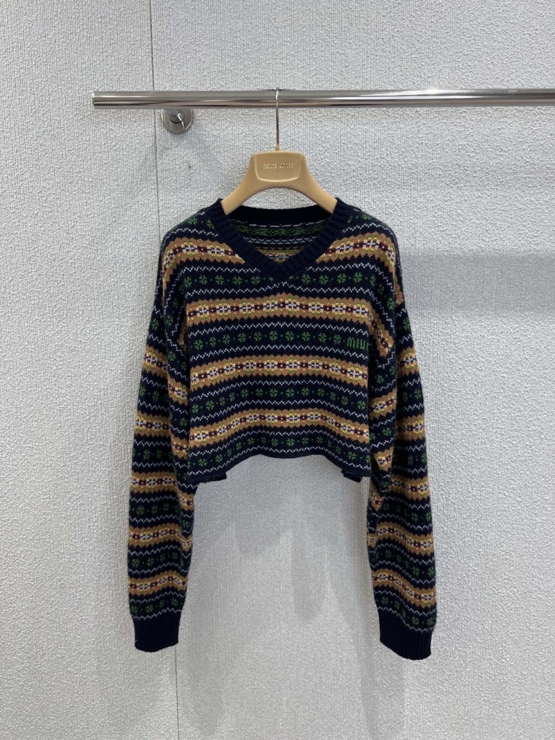 Miu Miu 25FW Cropped V-Neck Wool Sweater | 100% Wool, Fair Isle Pattern, Cropped Fit