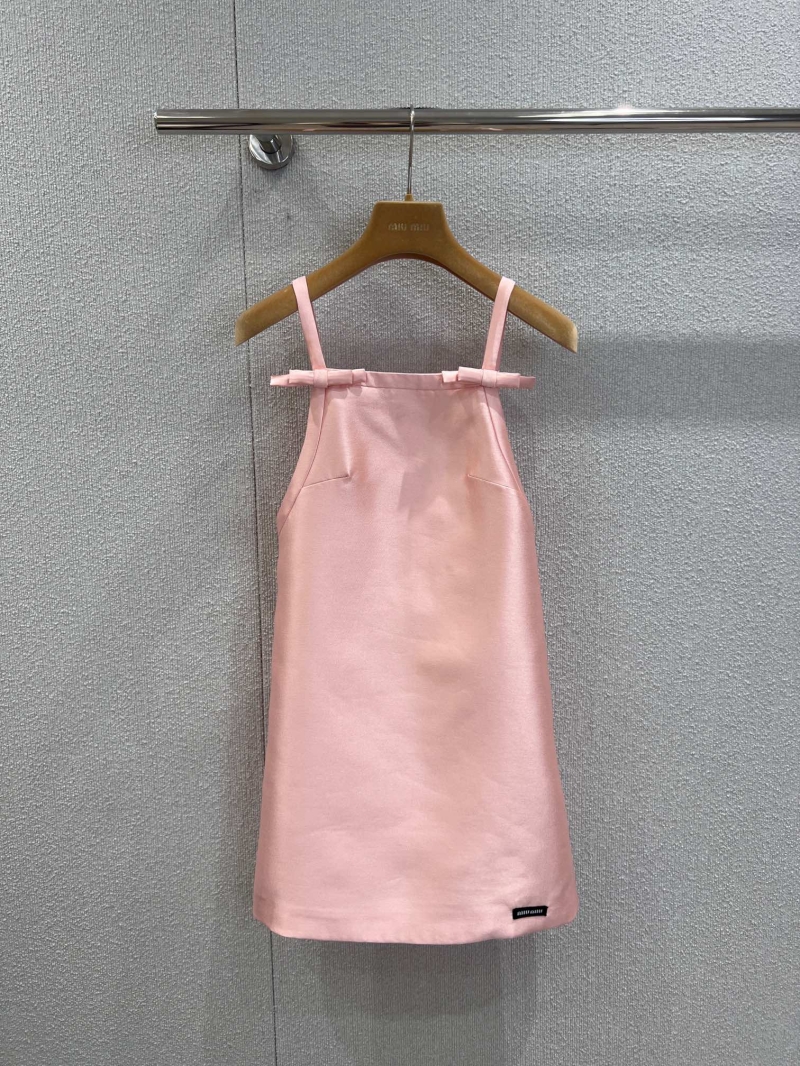 Miu Miu 25FW Fall/Winter New Arrival Blush Pink Bow-Trimmed Satin Slip Dress - Limited Edition, Couture-Inspired Silhouette, Exquisite Craftsmanship