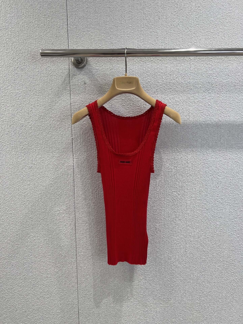 Miu Miu Vibrant Red Rib-Knit Wool Vest with Delicate Lace Trim and Mini Logo Patch