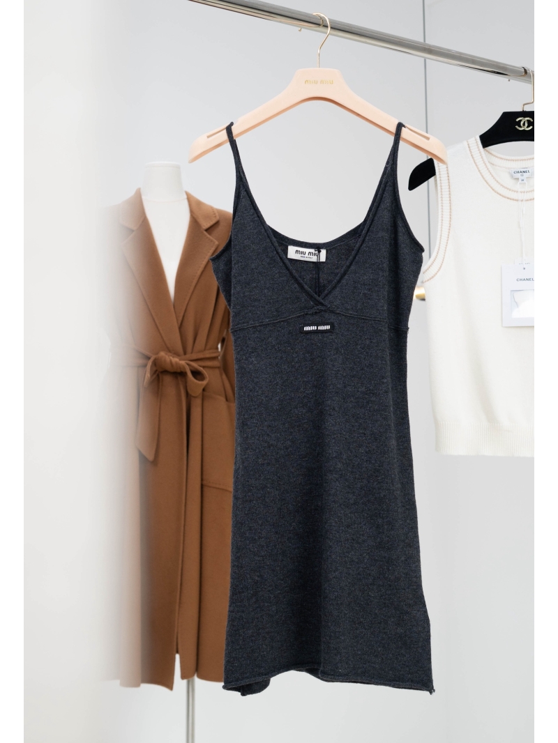 Miu Miu Elevated Knit Camisole Dress | Signature M-Neckline, Soft Charcoal Gray Knit