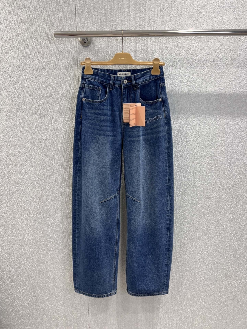 Miu Miu Elevated Wide-Leg Denim Jeans | Signature Embroidered Logo, Washed Medium Blue