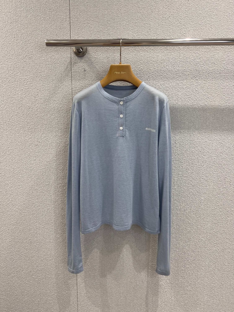 Miu Miu Exquisite Dusty Blue Cashmere Knit Top | Signature Button-Placket | Elevated Slim Fit