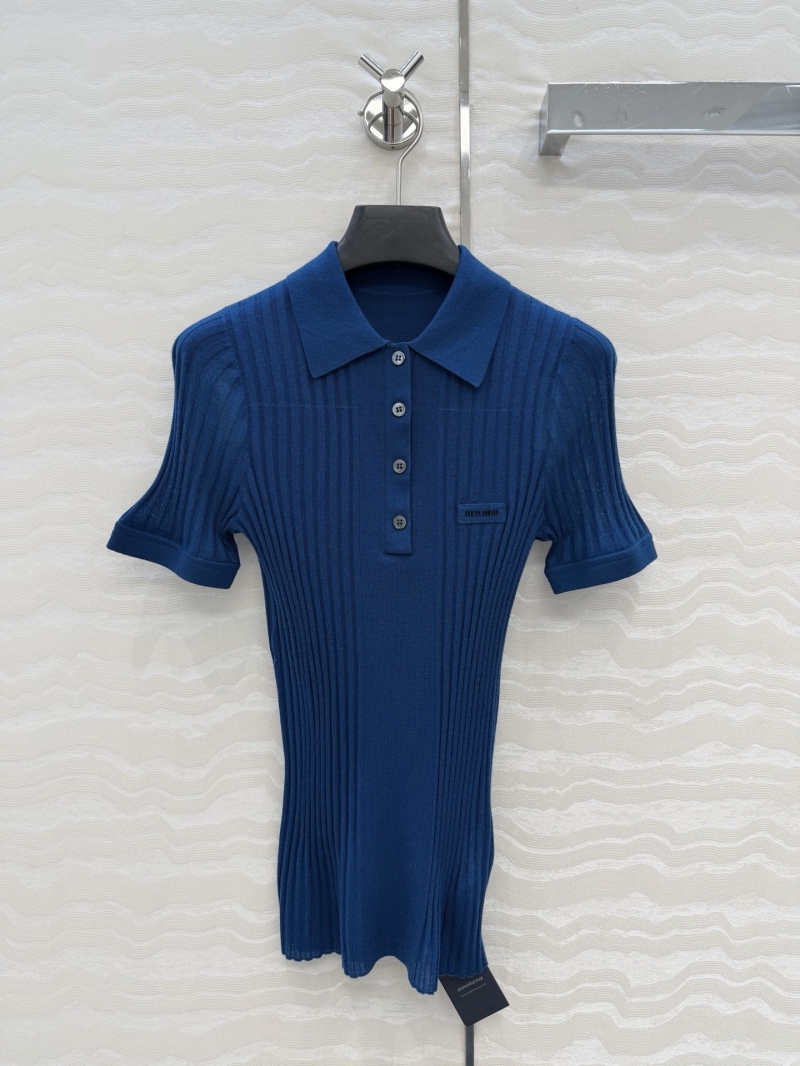 Miu Miu Exquisite 100% Merino Wool Polo Top | Slim-Fit, 18-Gauge Knit, Vibrant Blue