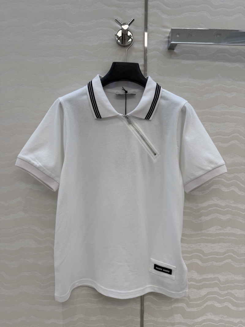Miu Miu Elevated Piqué Polo Shirt in White with Oblique Zipper