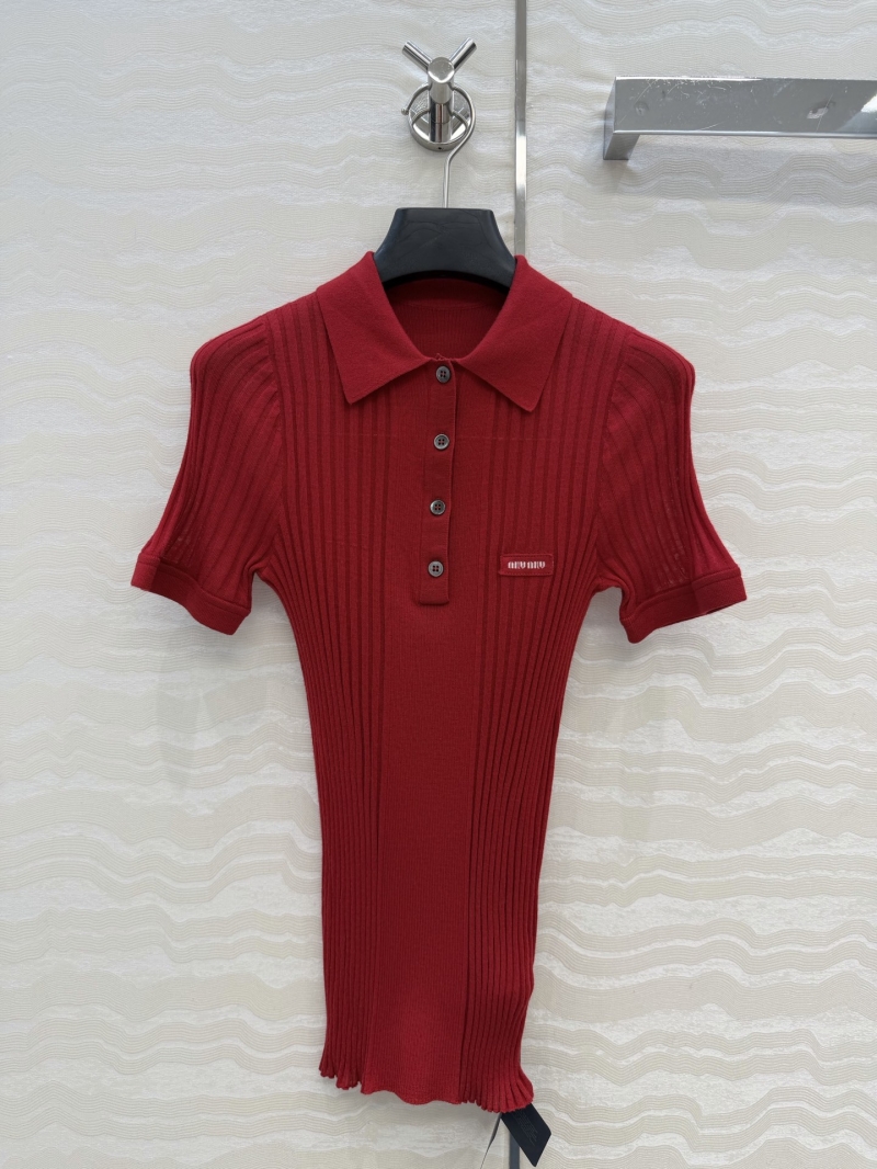Miu Miu Exquisite Red 100% Merino Wool Polo Top | Fitted 18-Gauge Knit