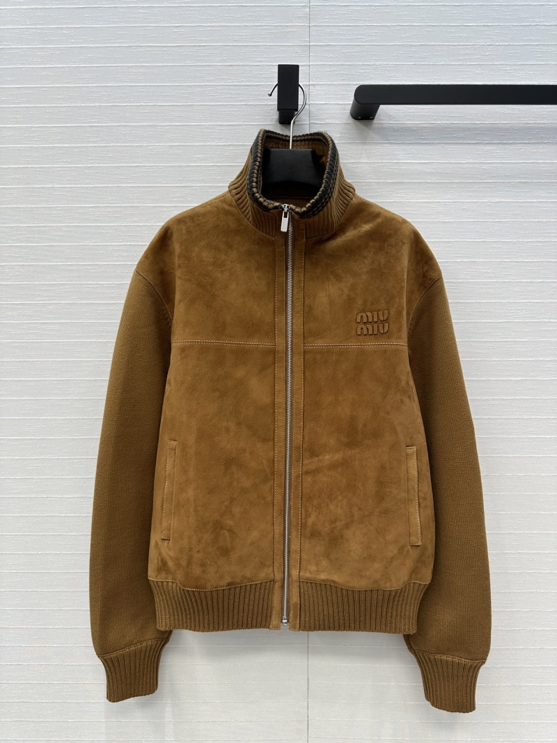 Miu Miu-Inspired Opulent Suede Lambskin & Heavy Ribbed Knit Stand Collar Jacket, Caramel