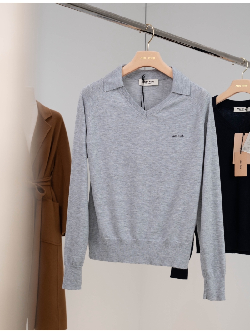 Miu Miu Wool Knit Polo Top - Exquisite Heather Gray Signature Sweater