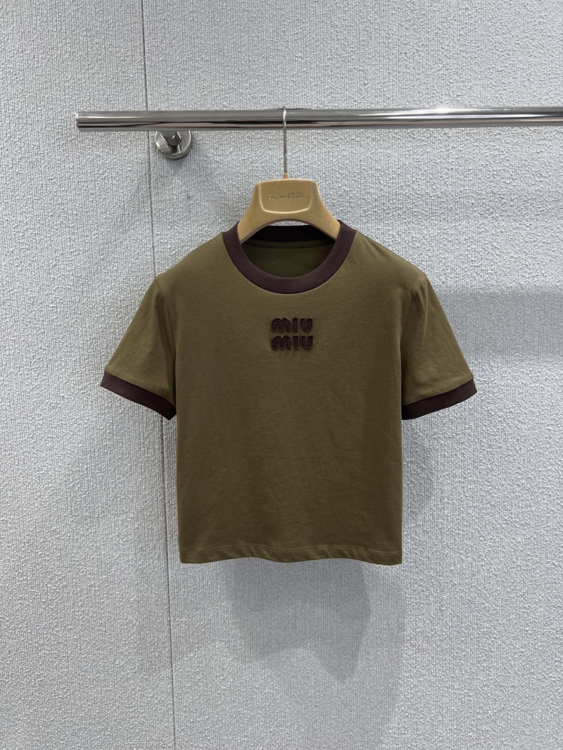 Miu Miu Cropped Ringer T-Shirt in Olive Green and Espresso Brown - Exquisite 3D Logo Embroidery
