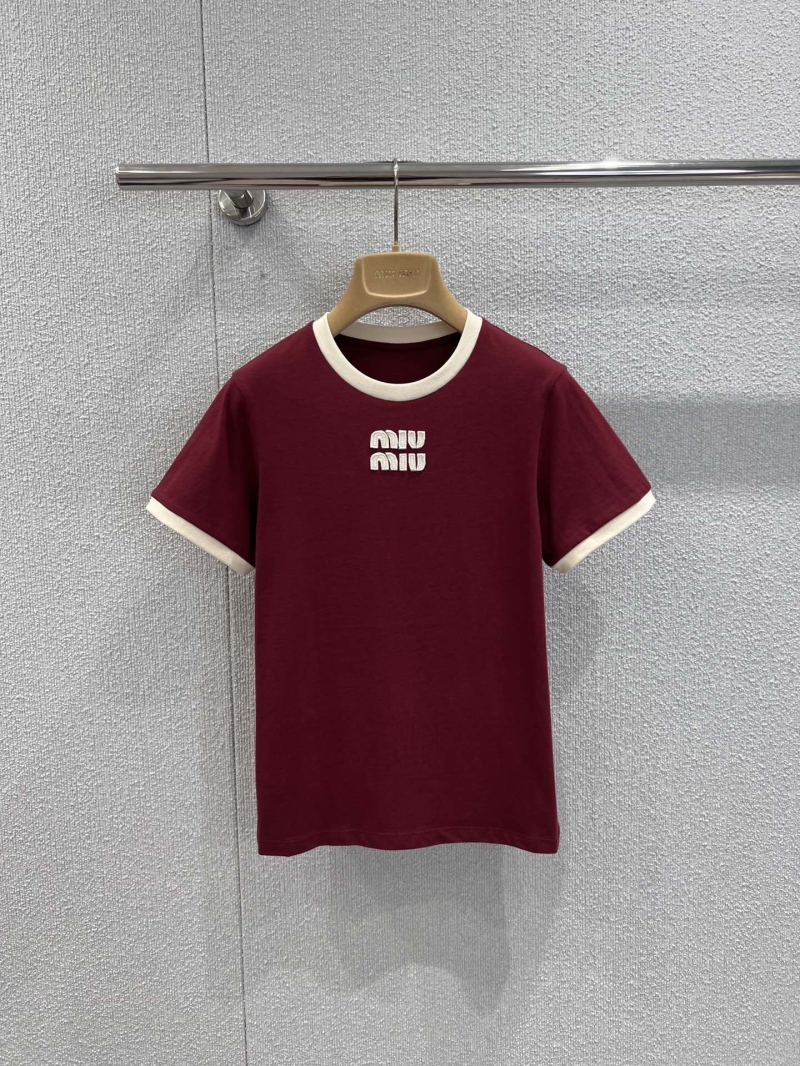 Miu Miu Contrast Ringer Cotton T-Shirt in Burgundy and Off-White - 3D Logo Embroidery, Slim Fit, Signature Spring Collection