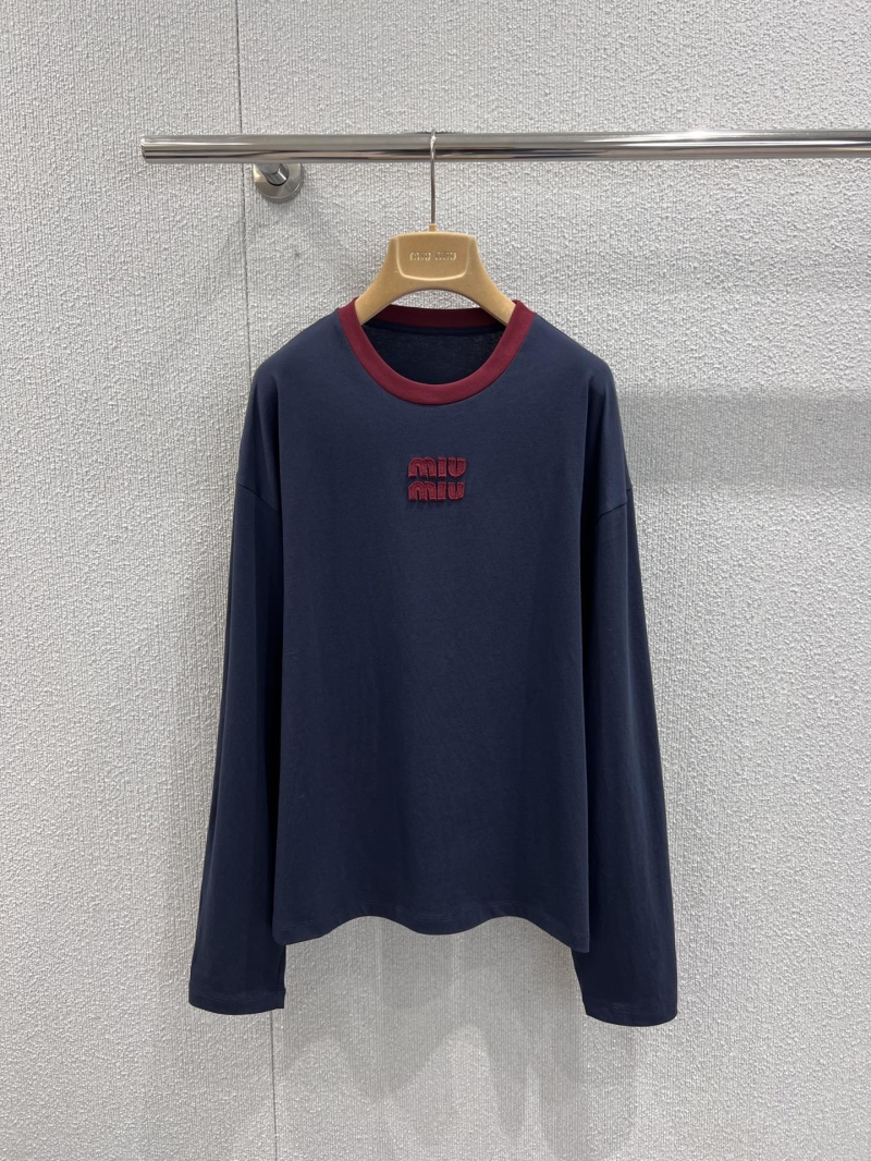 Miu Miu Long-Sleeved Cotton T-Shirt - Navy & Burgundy Contrast Logo