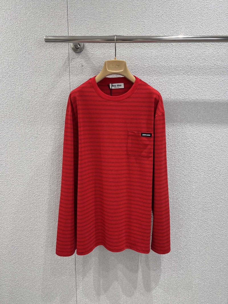 Miu Miu Red Striped Long-Sleeved Cotton T-Shirt with Signature Logo Pocket