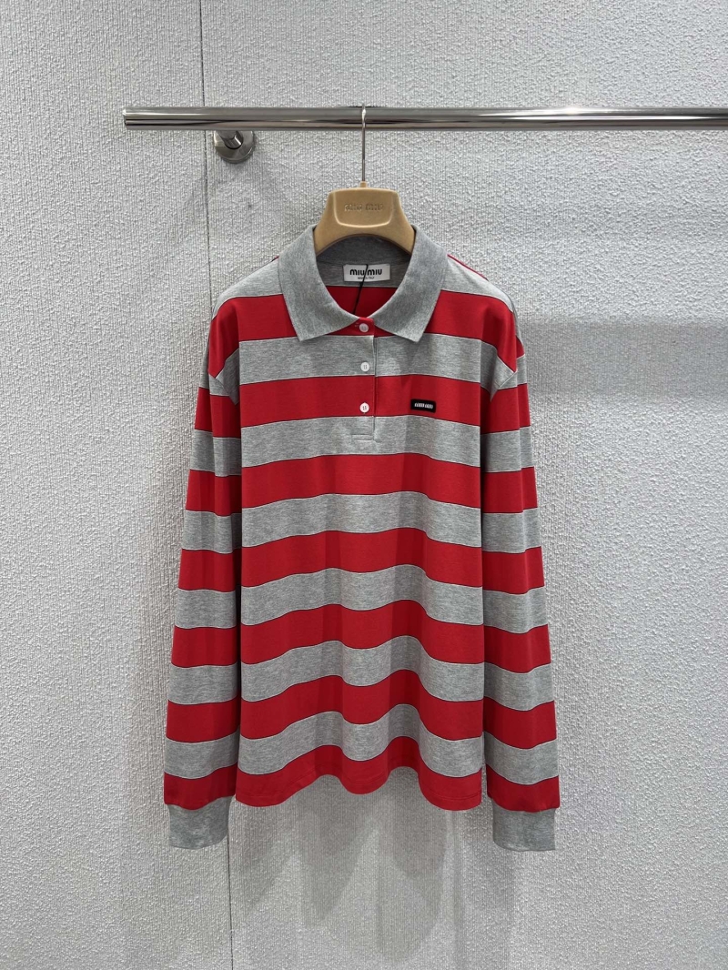 Miu Miu Red and Gray Contrast Stripe Long-Sleeved Polo Shirt