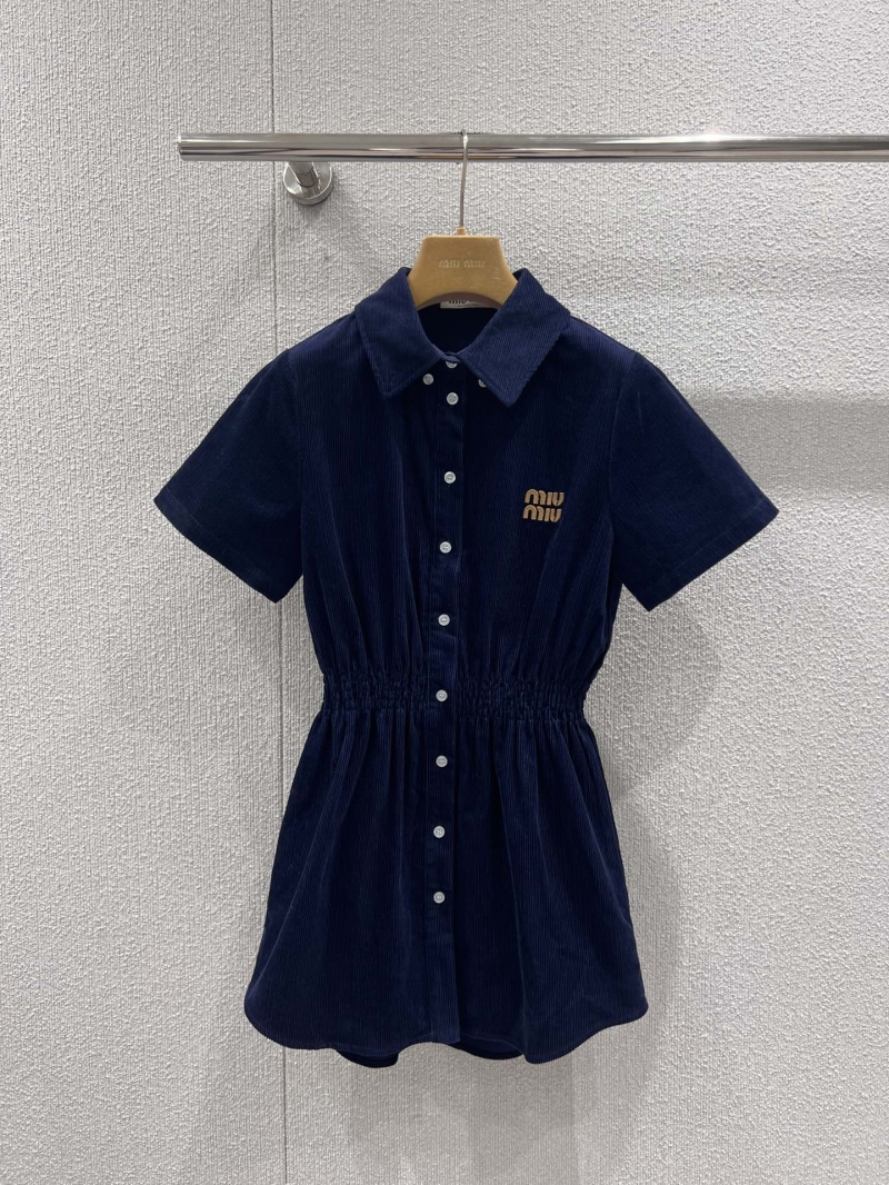 Miu Miu Navy Blue Corduroy Mini Shirtdress with Logo Embroidery