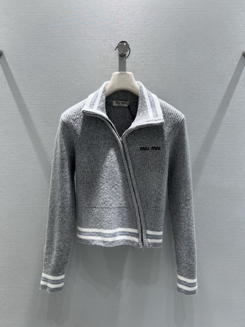 Miu Miu Heather Gray Asymmetric Zip-Up Cropped Knit Cardigan