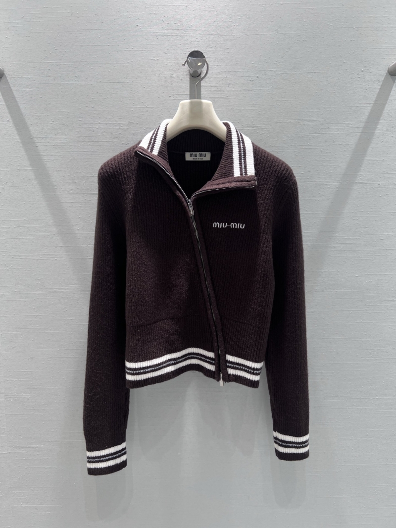 Miu Miu Asymmetric Zip-Up Cropped Knit Cardigan in Espresso Brown