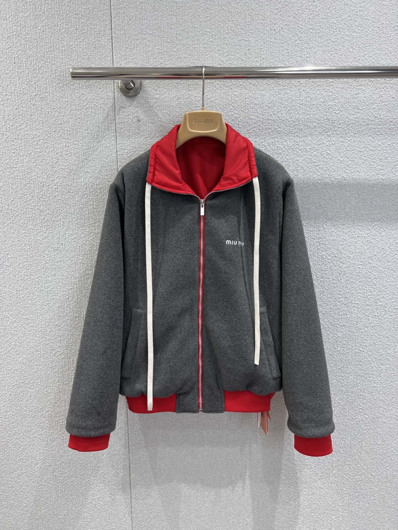 Miu Miu Reversible Embroidered Logo Fleece and Satin Bomber Jacket in Charcoal and Burgundy