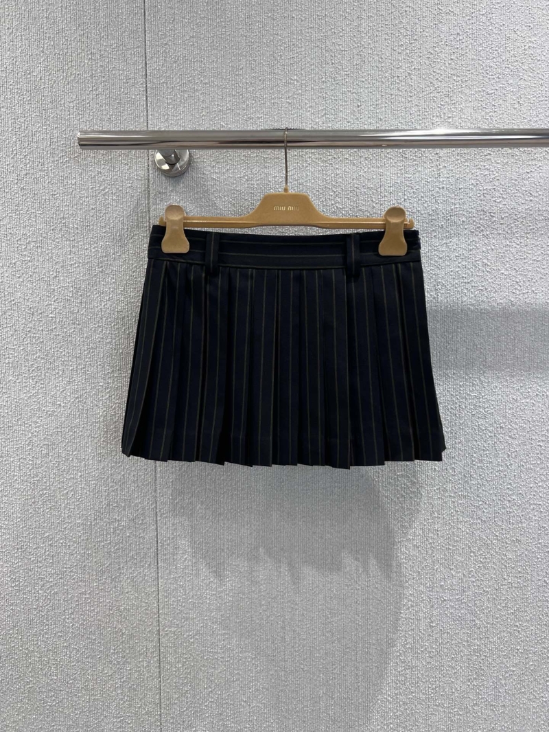 Miu Miu Pinstripe Pleated Mini Skirt in Dark Navy and Gold