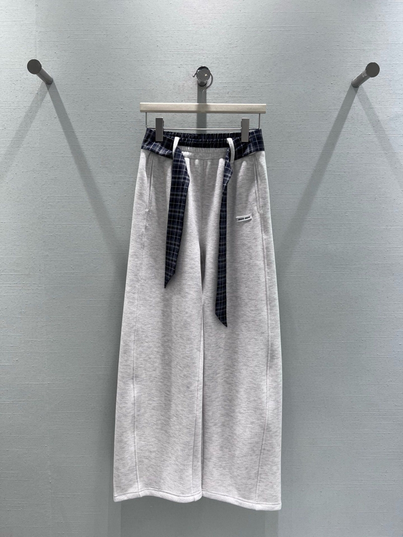 Miu Miu Wide-Leg Plaid-Sash Fleece Sweatpants in Heather Gray