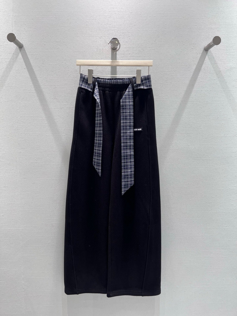 Miu Miu Micro-Logo Fleece-Lined Wide-Leg Trousers with Plaid Tie in Black