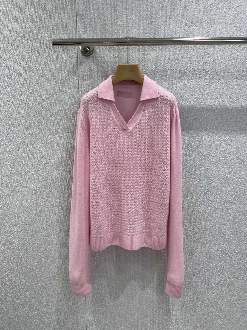 Miu Miu Sakura Pink Openwork Jacquard Wool-Cashmere Polo Sweater