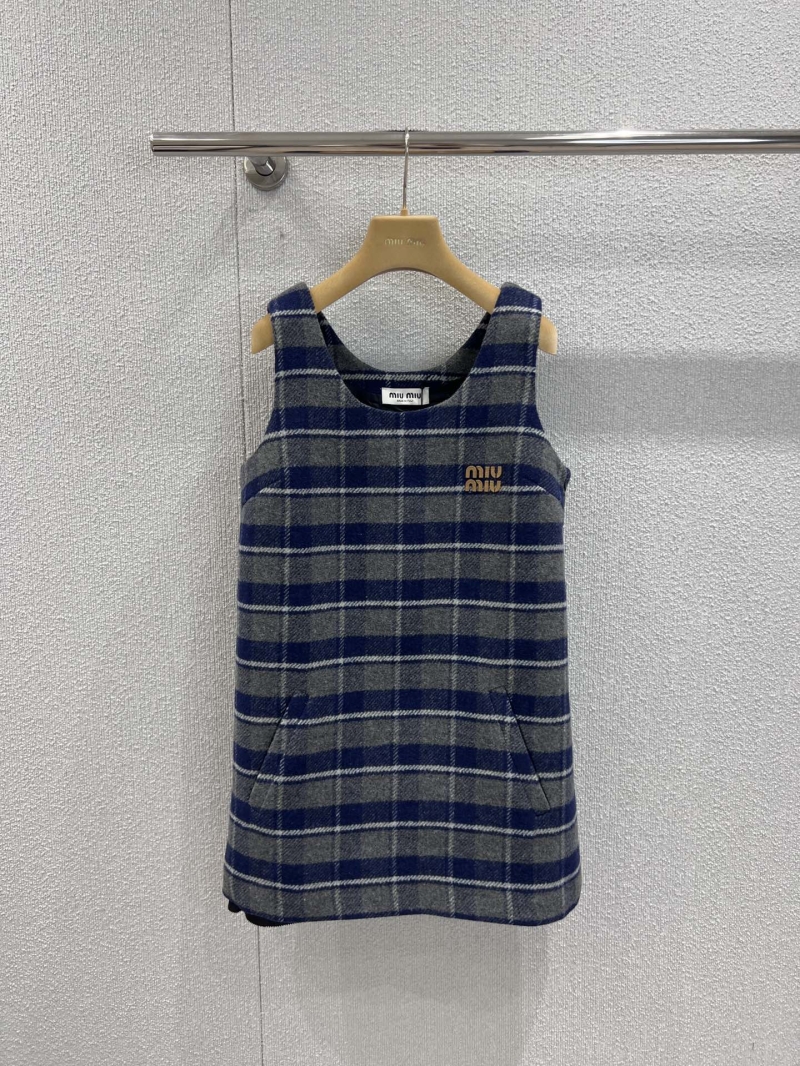 Miu Miu Plaid Wool Pinafore Dress - Navy Blue and Gray Tartan Check