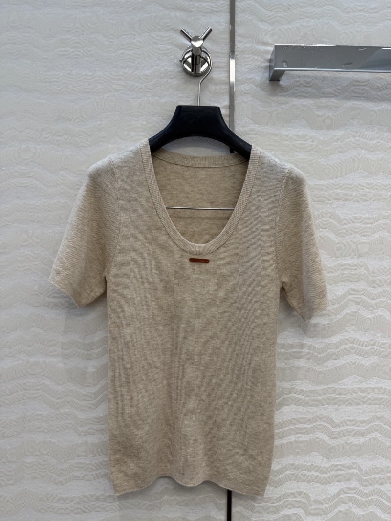 Miu Miu Oatmeal Merino Silk-Wool Ribbed Knit U-Neck Top