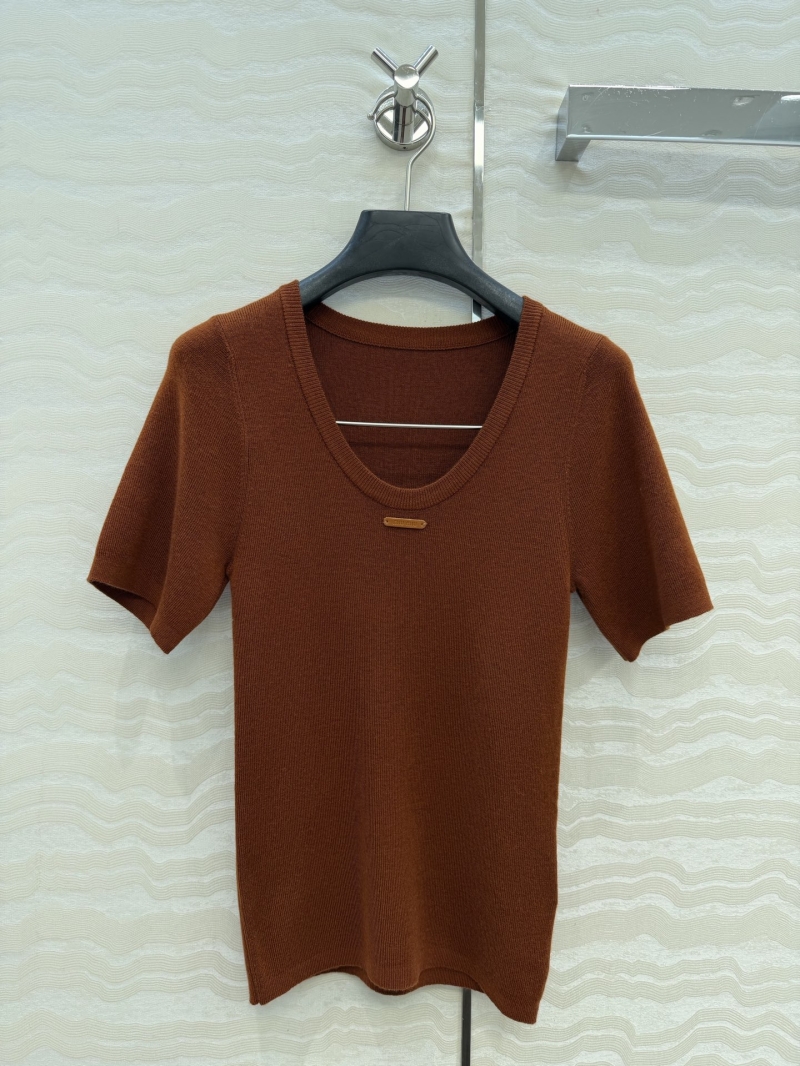 Miu Miu Exquisite Merino Silk Wool U-Neck Ribbed Knit Top in Terracotta