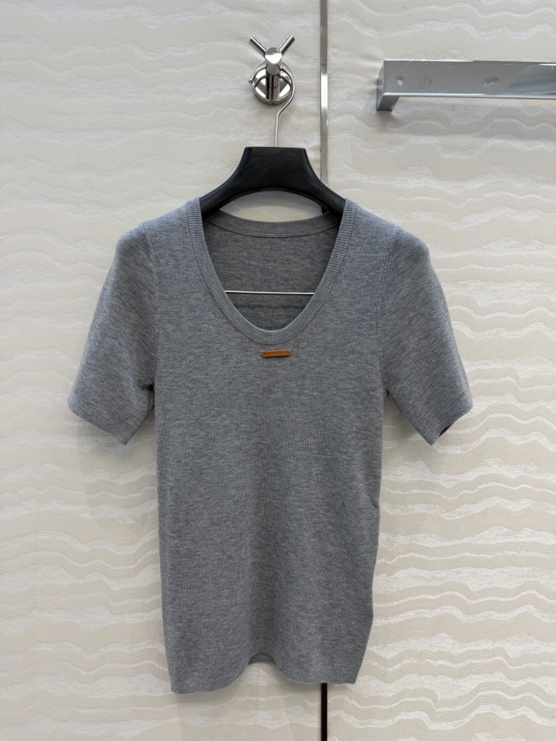 Miu Miu Merino Silk Wool Ribbed U-Neck Knit Top in Grey