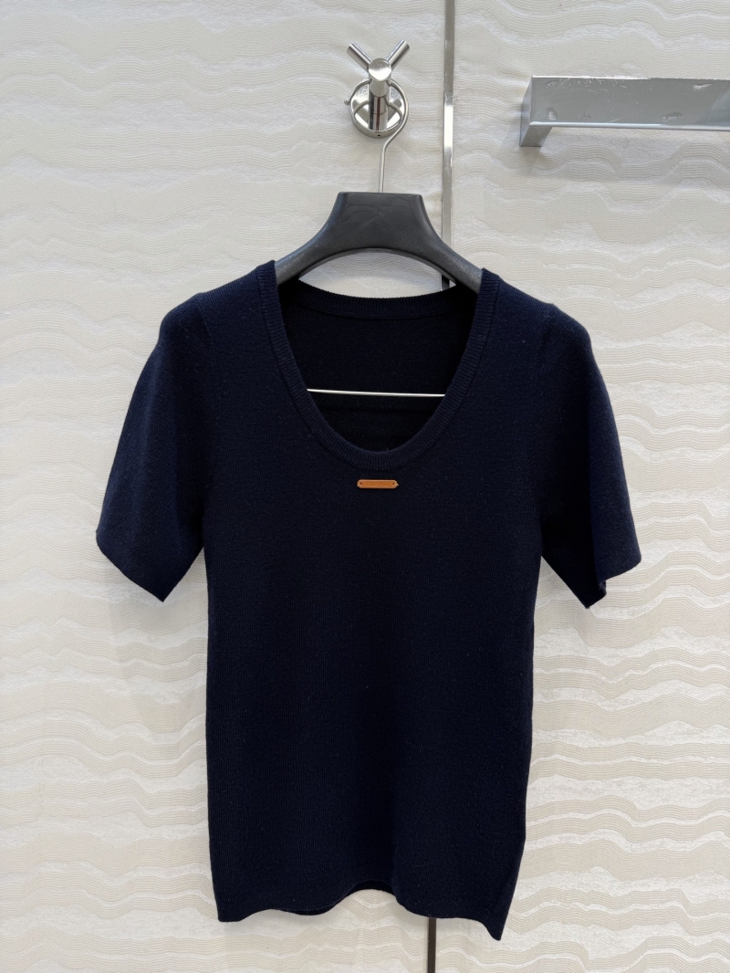 Miu Miu Merino Silk Wool Blend Ribbed Knit U-Neck Slim-Fit Top in Navy Blue