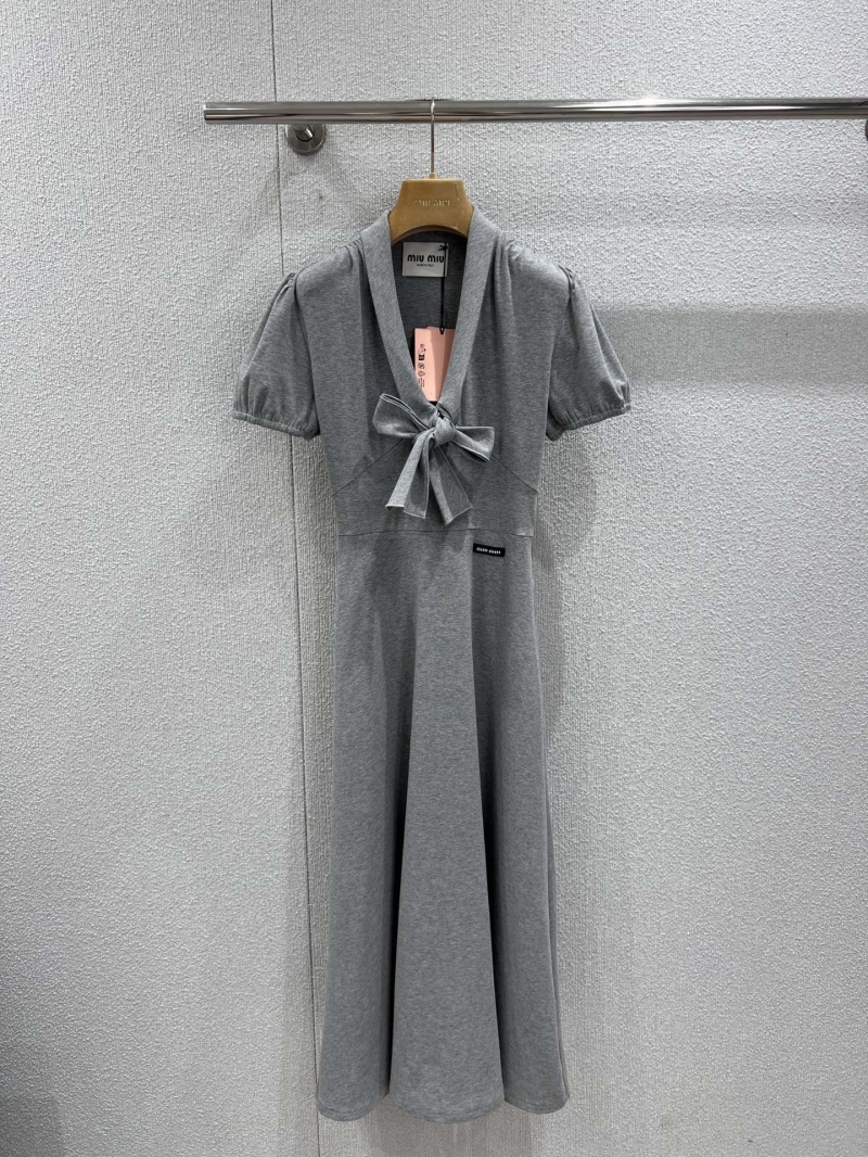 Miu Miu Heather Gray Bow Tie Cotton-Blend Midi Dress