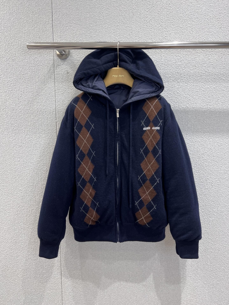 Miu Miu Argyle Cashmere Blend Hooded Down Jacket in Navy and Caramel
