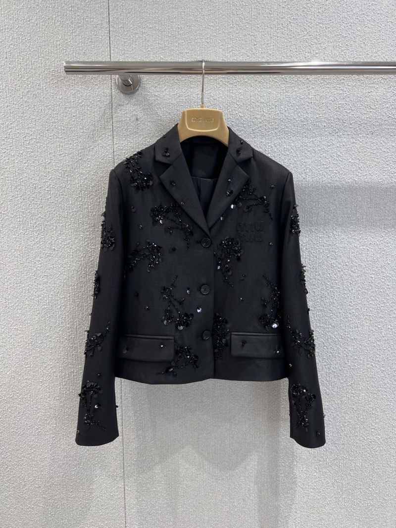 Miu Miu Hand-Beaded Sequin Tailored Short Blazer in Black