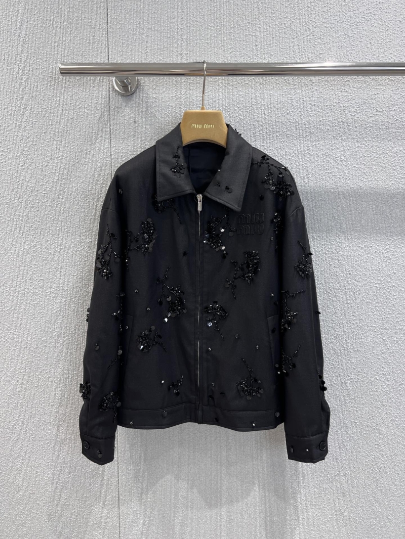 Miu Miu Black Hand-Embellished Zip-Up Blouson Jacket - 25FW Holiday Collection