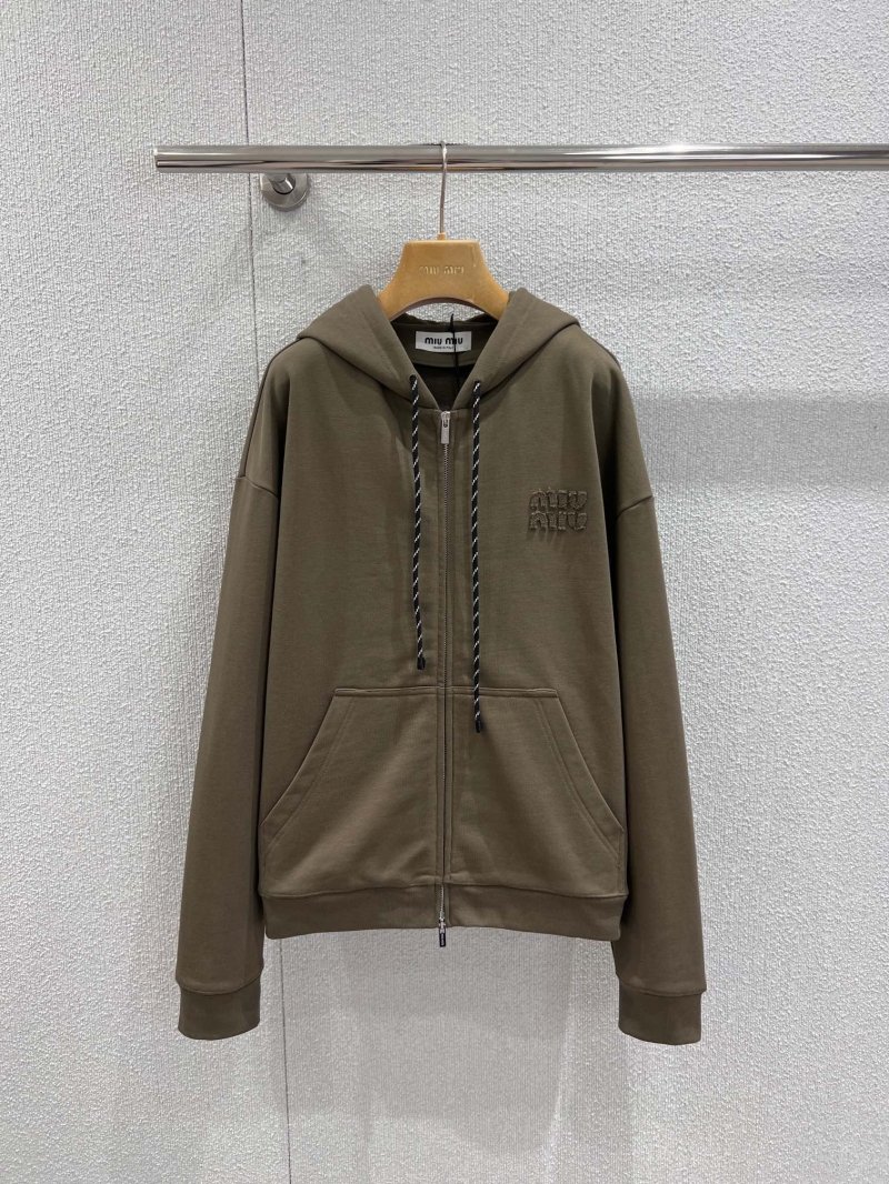 Miu Miu Muted Olive Green Relaxed Full-Zip Cotton Hoodie