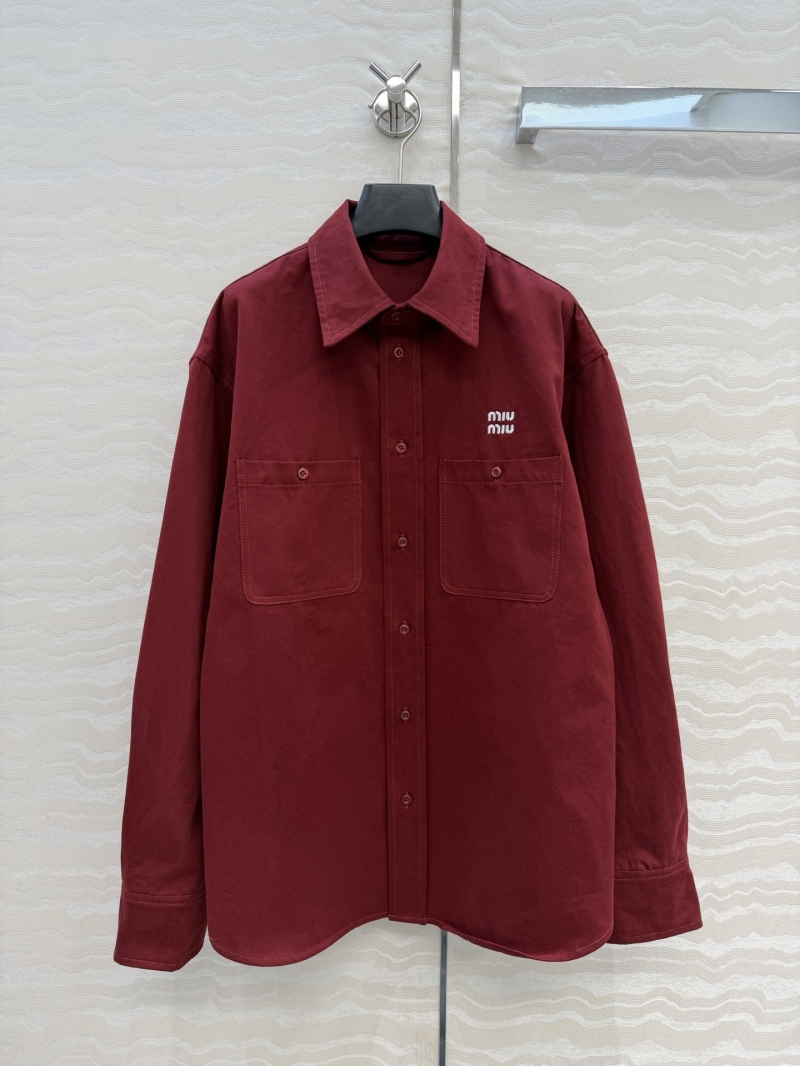 Miu Miu Signature Yarn-Dyed Washed Denim Oversized Shirt Jacket in Lucky Natal Red