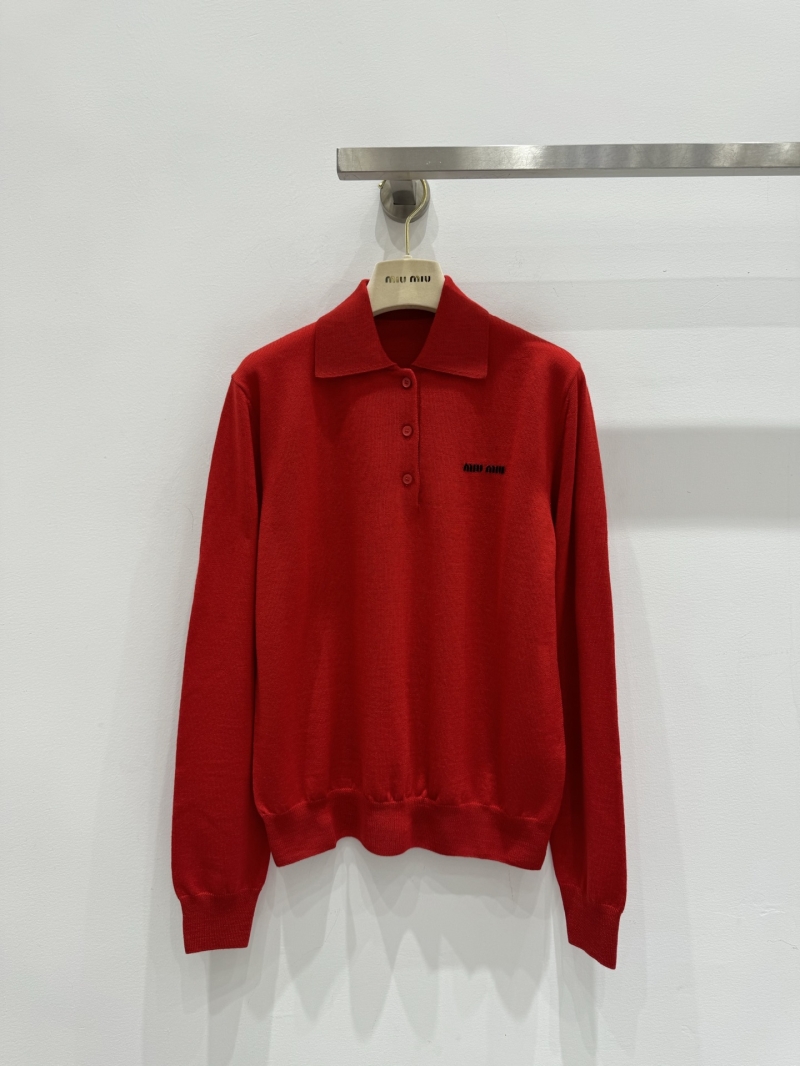 Miu Miu Signature Logo Sheep Wool Polo Sweater - Exquisite Long-Sleeved Knit in Vibrant Red