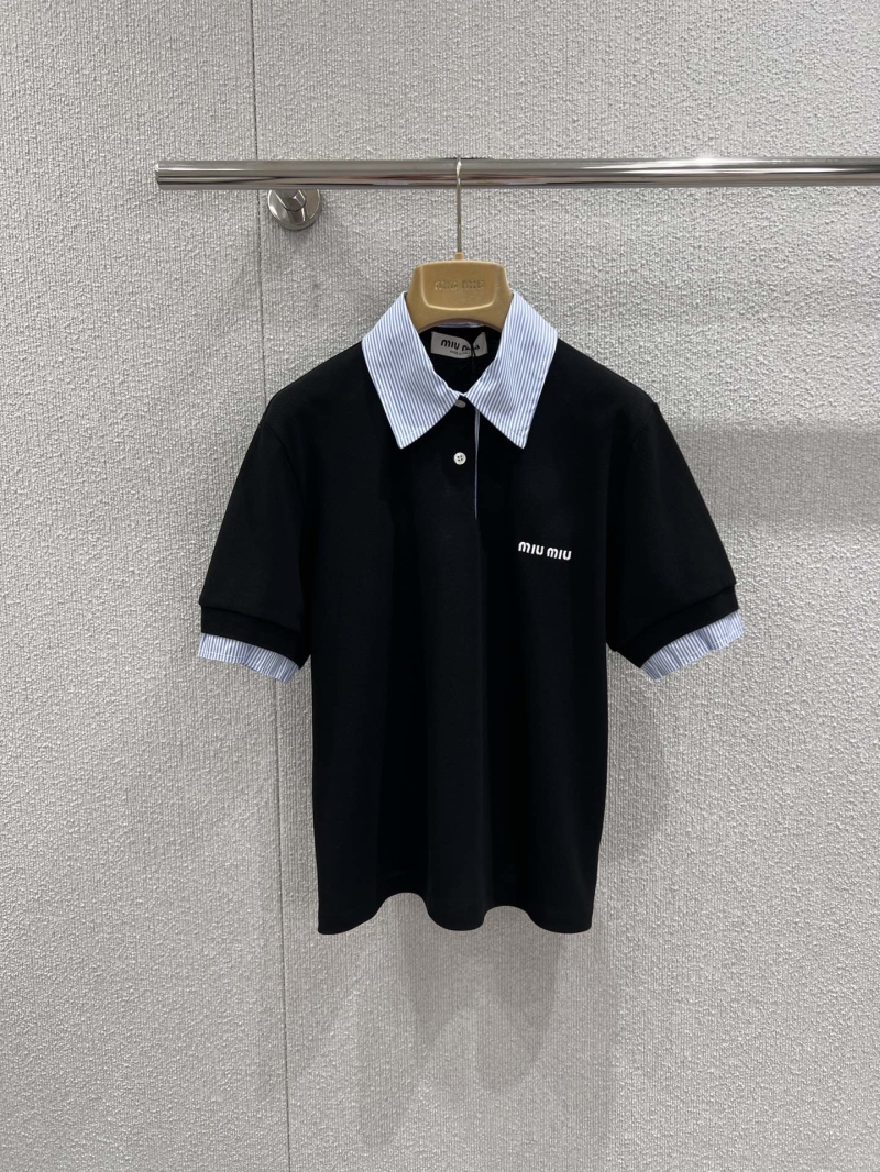 Miu Miu Contrast Collar Short-Sleeve Polo Shirt in Black with Striped Trim
