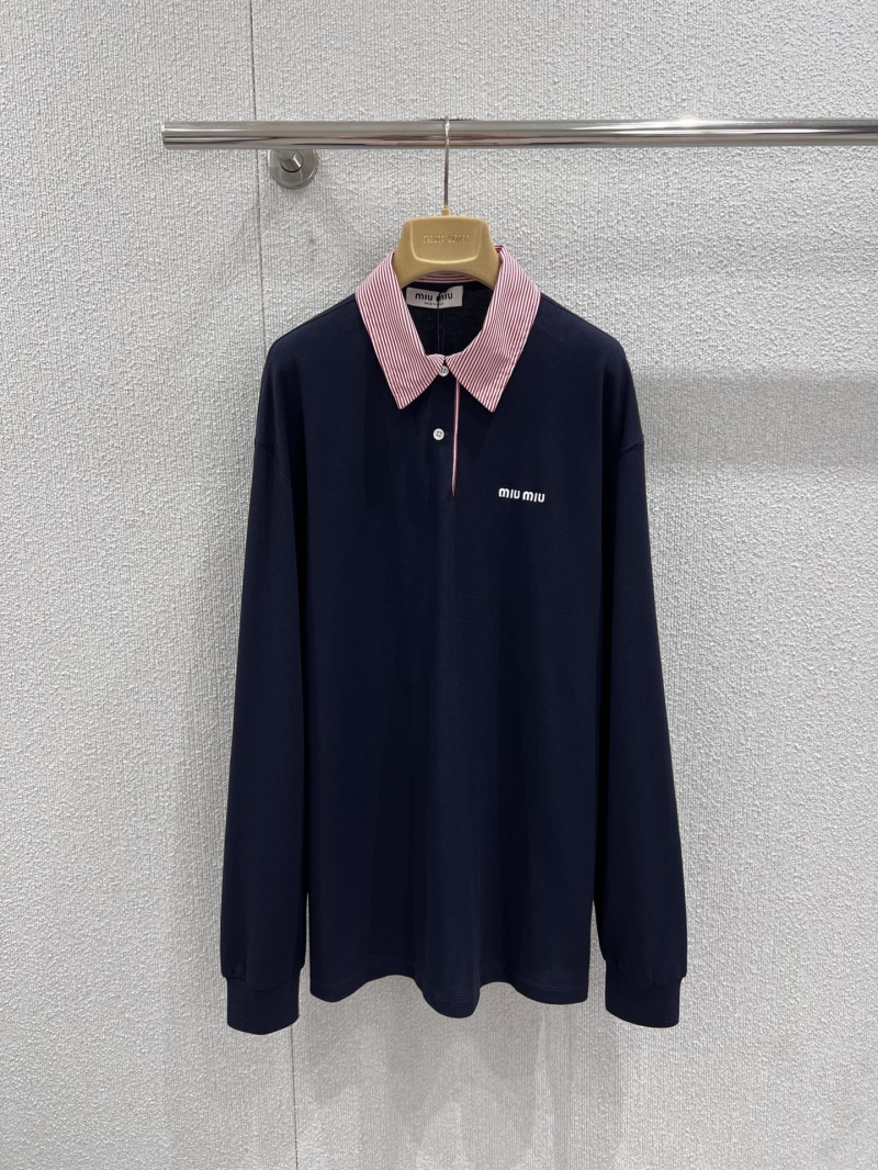 Miu Miu Embroidered Contrast Collar Navy Blue Cotton Long-Sleeved Polo Shirt