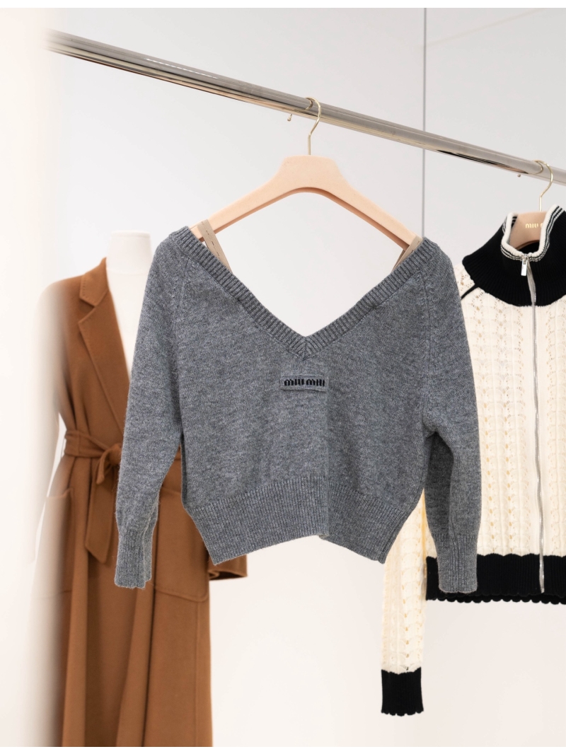 Miu Miu Signature Lingerie-Inspired Wool-Silk Knit Cardigan - Heather Grey